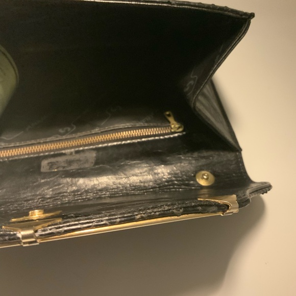 Vintage Black Snakeskin Envelope Clutch Bag - Gold Hardware Evening Purse